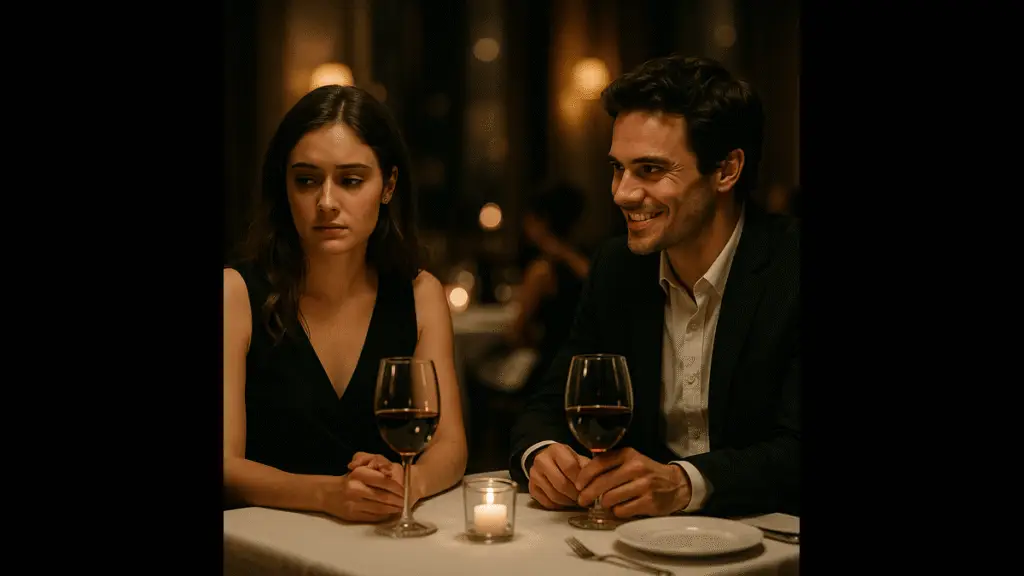 Mujer incómoda en una cita con un hombre sonriente: señales de alerta psicológicas en primeras citas.